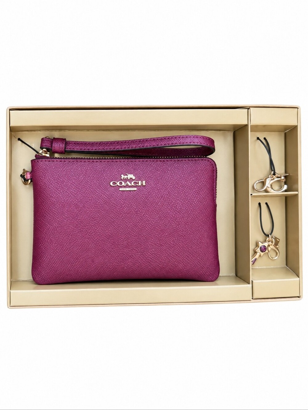 Coach Metallic Raspberry Leather L-zip Wrislet & Charms NWT